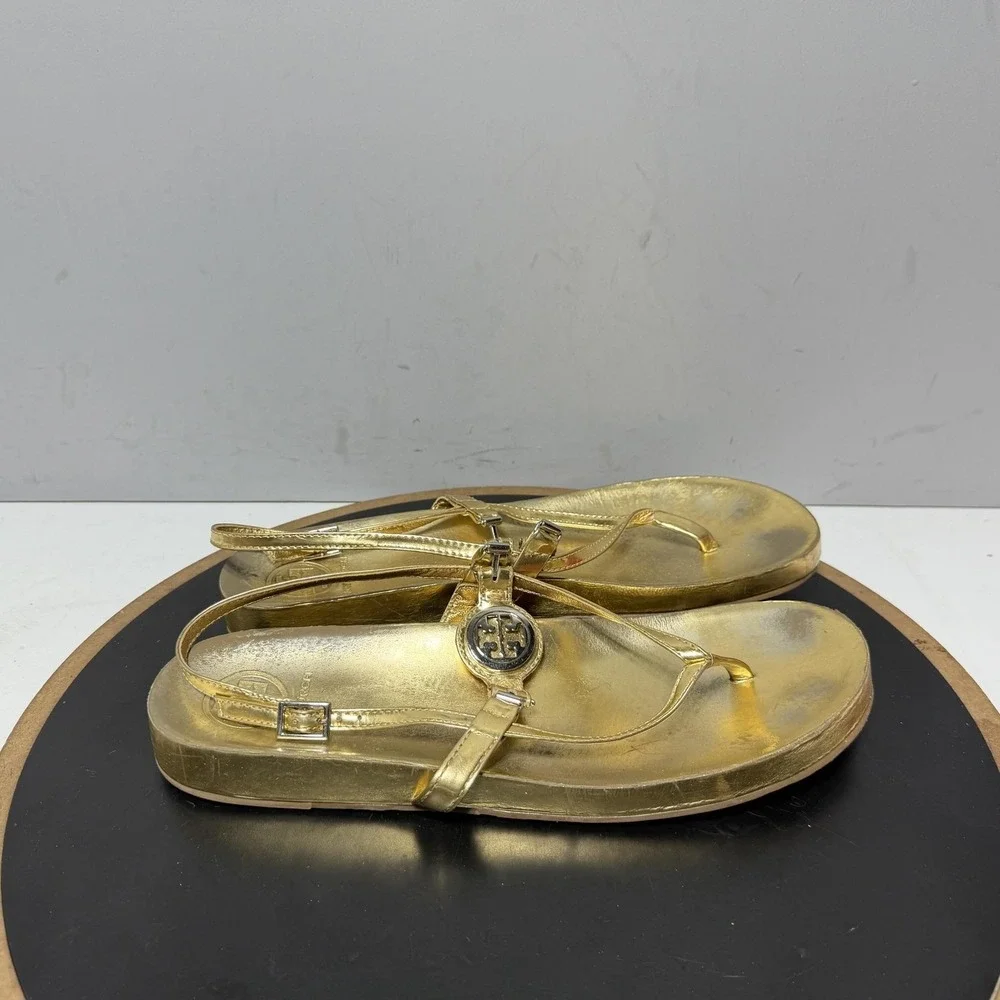 Tory Burch Sandals Womens Size 11 Gold Leather Thong Slingback Logo Casual